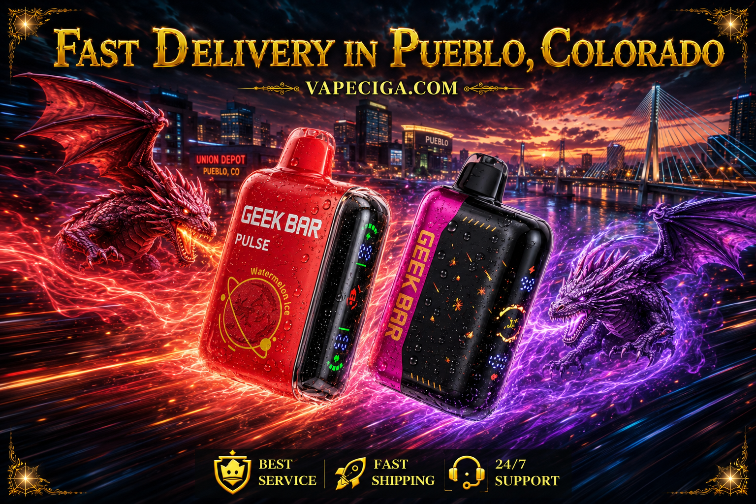 A dynamic promotional banner features two Geek Bar Pulse disposable vapes racing through futuristic Pueblo, Colorado, surrounded by powerful red and purple dragons with glowing energy trails, flames, and water droplets. The background highlights iconic Pueblo landmarks, including Union Depot and the Arkansas River bridge, beneath a dramatic sunset skyline. Large gold text advertises Fast Delivery in Pueblo, Colorado by Vapeciga.com, with icons emphasizing best service, fast shipping, and 24/7 customer support.