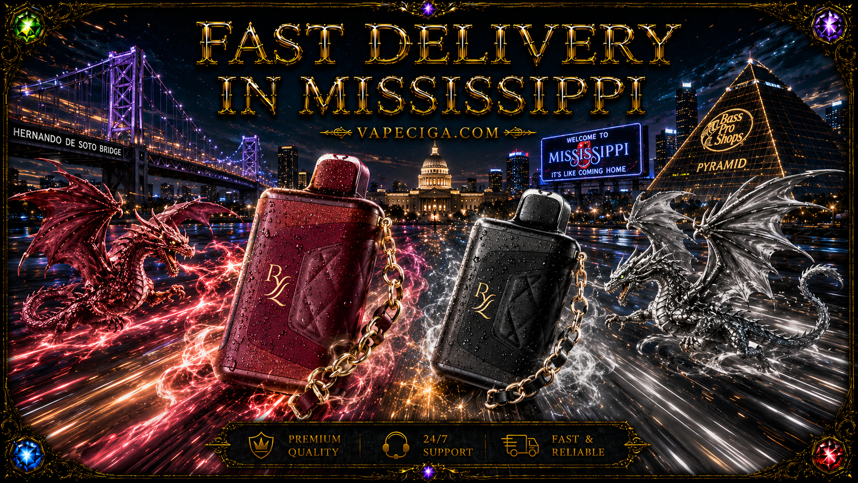 Two vape devices, one red and one black with gold chains and “RL” initials, stand glowing with energy. A red dragon and a silver dragon flank them against Mississippi landmarks like the Hernando de Soto Bridge, State Capitol, and Memphis pyramid. Golden text highlights fast delivery in Mississippi, supported by icons for premium quality, 24/7 support, and reliable service.