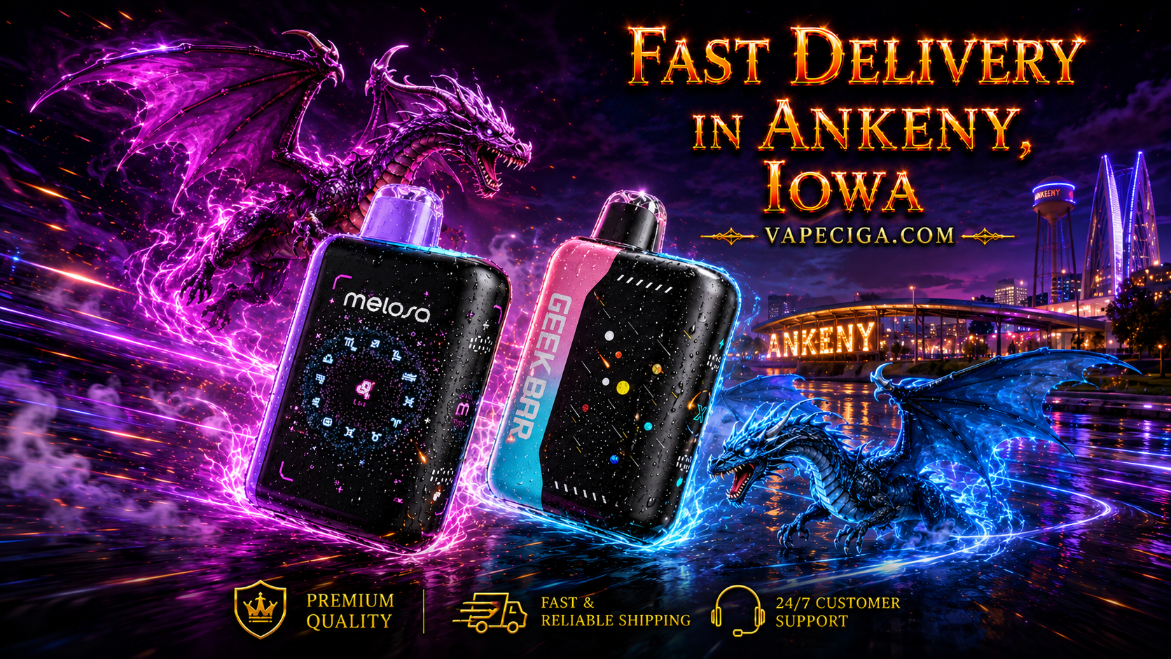 The image highlights two vape devices — a purple Meloso and a black Geek Bar — glowing with vivid lightning and energy effects. A purple dragon and a blue dragon surge dramatically above the Ankeny, Iowa skyline, with illuminated buildings and a water tower in the background. Bold text promotes fast delivery through Vapeciga.com, supported by icons for premium quality, reliable shipping, and 24/7 customer support.