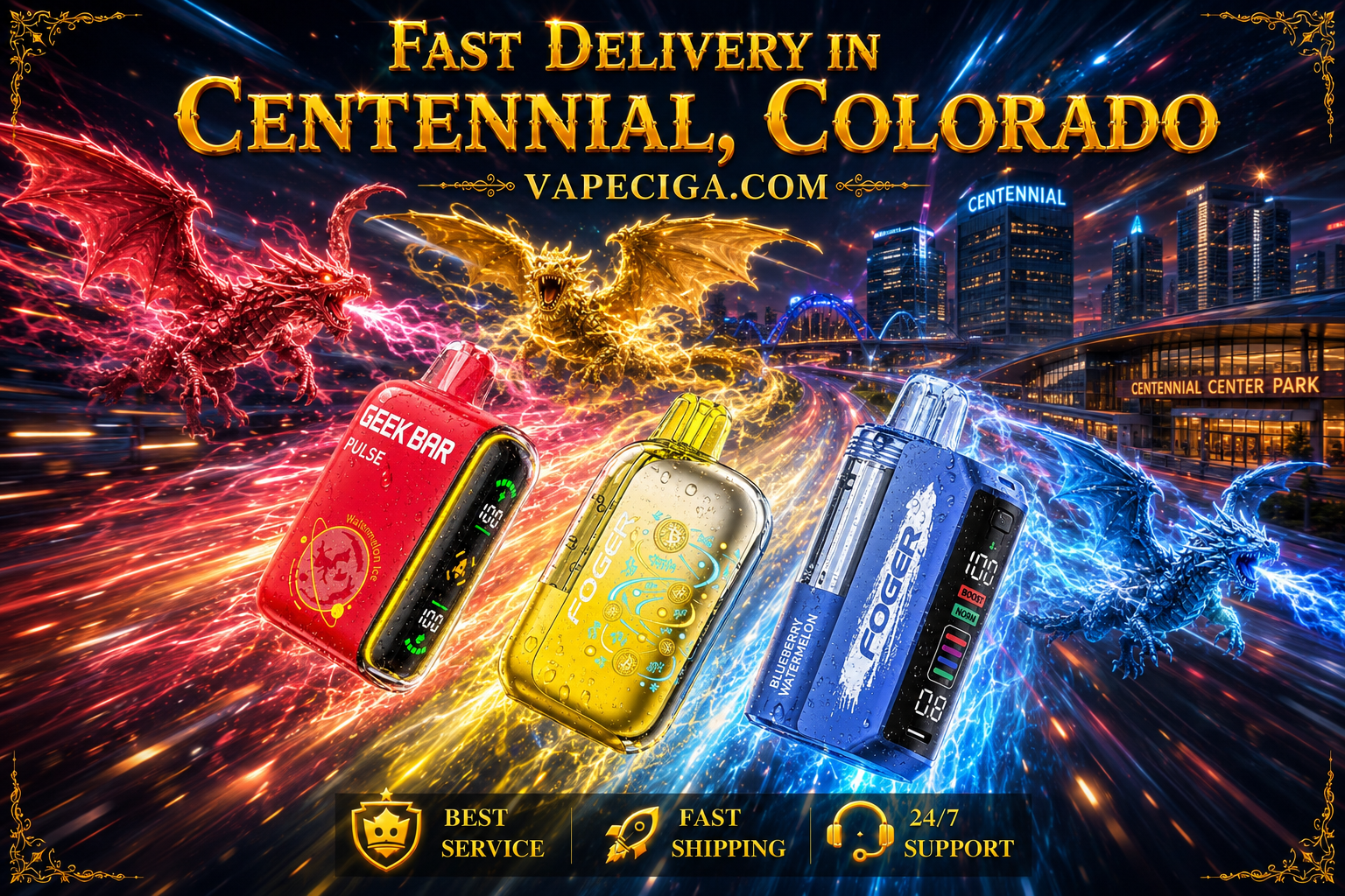 A dynamic promotional banner showcases three disposable vape devices racing through a futuristic Centennial, Colorado skyline with vivid energy trails, glowing fire effects, and realistic water droplets. Three powerful dragons in red, gold, and blue fly alongside the vapes, matching their colors while adding dramatic motion and fantasy elements. Bold gold lettering highlights 