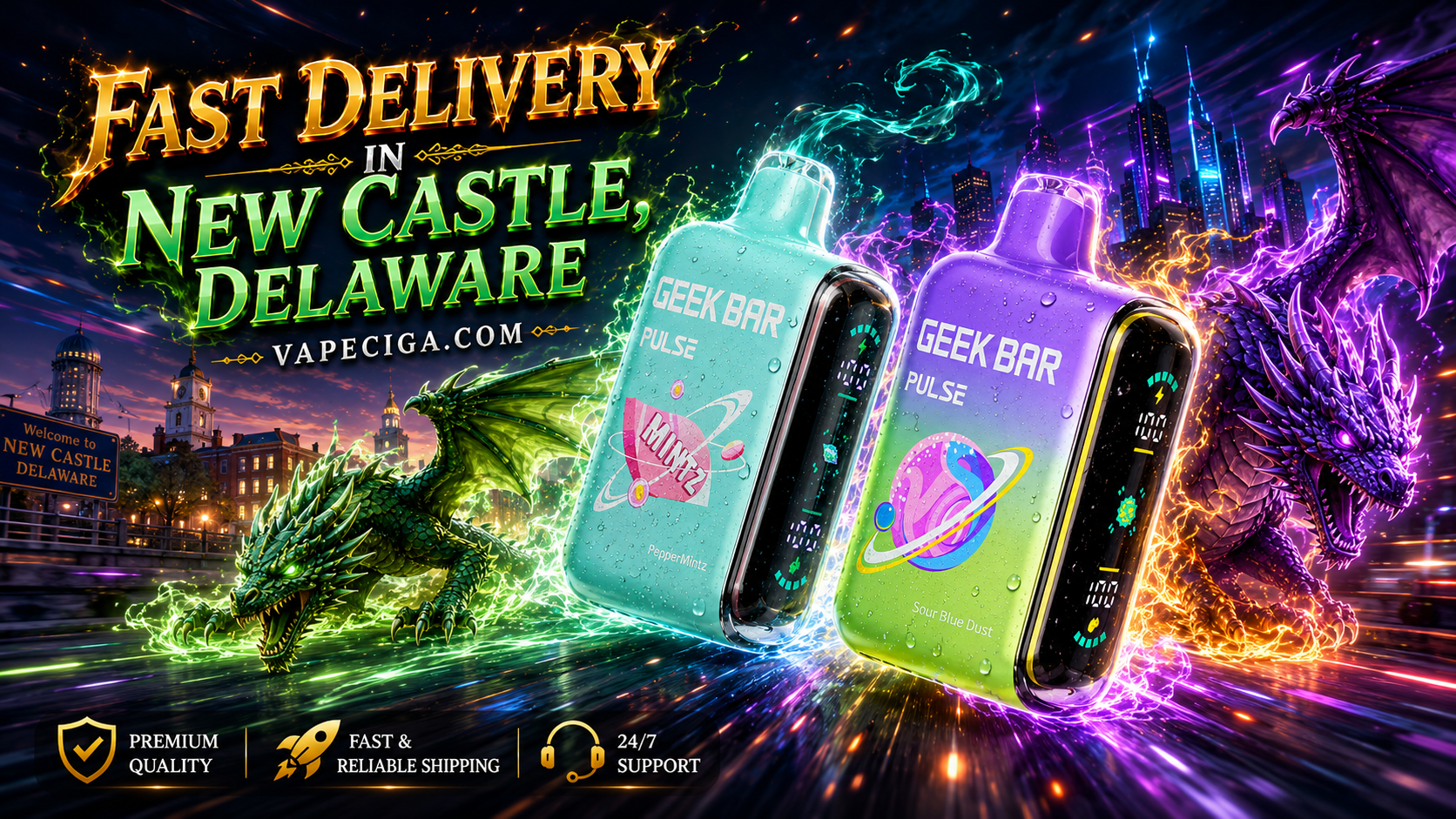 A colorful fantasy-inspired advertisement showcases two GEEK BAR Pulse vape devices, one turquoise with the flavor PepperMintz and one purple with Sour Blue Dust. Behind them, green and purple dragons swirl with glowing energy over the New Castle, Delaware cityscape and welcome sign. Bold golden text promotes fast delivery through Vapeciga.com, supported by icons for premium quality, fast and reliable shipping, and 24/7 support.