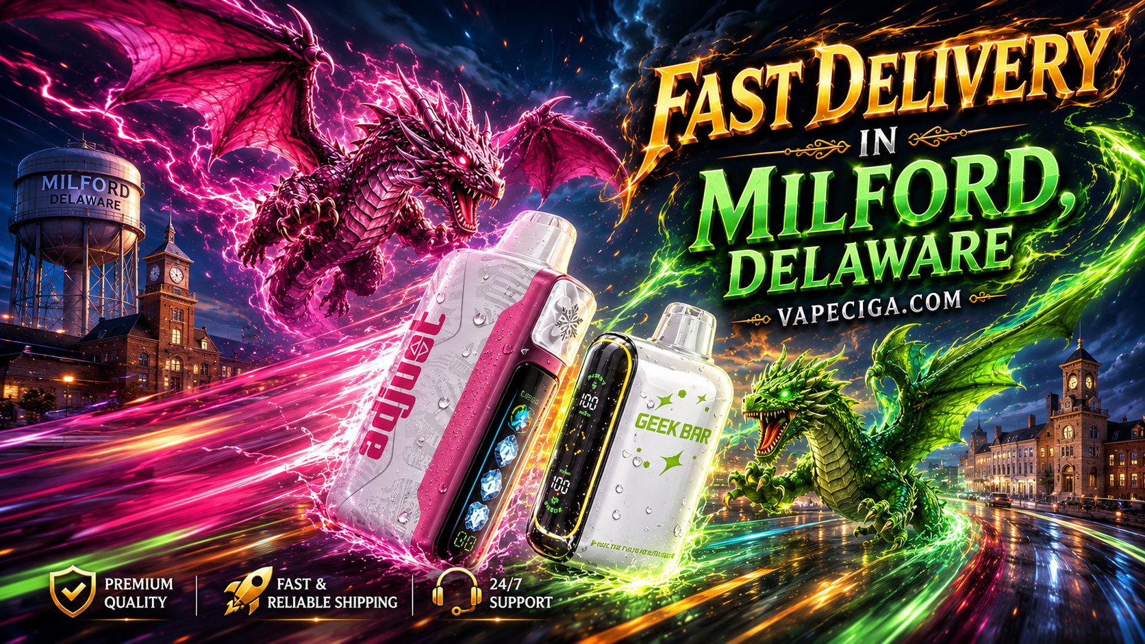 A vivid fantasy-inspired advertisement highlights two vape devices, one labeled aijue and the other GEEK BAR, set against a glowing cityscape of Milford, Delaware. Pink and green dragons soar above with radiant energy trails, adding dramatic motion to the scene. Golden text promotes fast delivery through Vapeciga.com, supported by icons for premium quality, fast and reliable shipping, and 24/7 support.