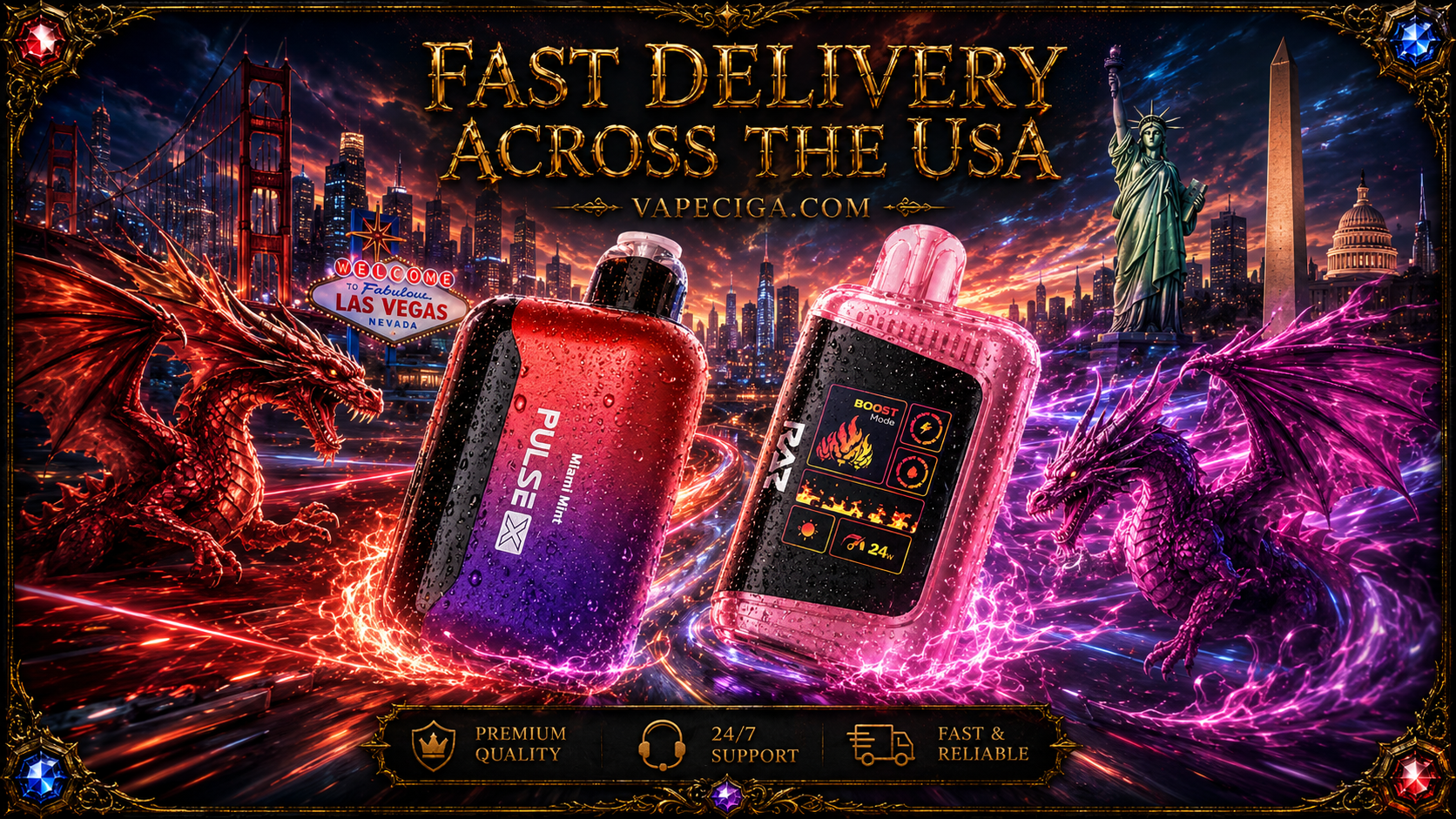 Two vibrant vape devices surge through a fiery energy storm, flanked by red and purple dragons. Iconic U.S. landmarks like the Statue of Liberty and Golden Gate Bridge rise in the background, emphasizing nationwide reach. Bold text highlights fast delivery, premium quality, and reliable service, blending fantasy with modern technology.