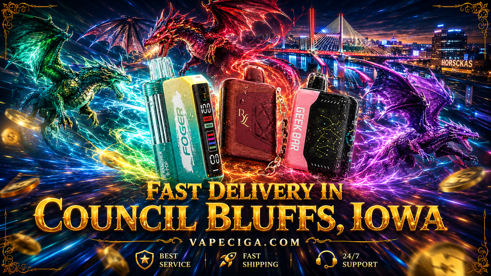 Three disposable vape devices with water droplets and digital displays in a dynamic promotional design.