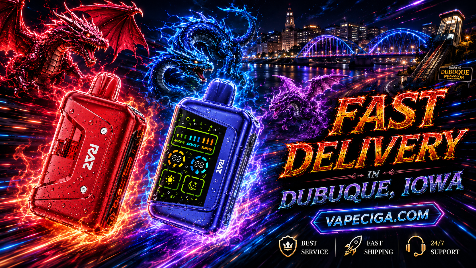 Red and blue disposable vape devices with digital screens and water droplets on a vivid fantasy-themed background.