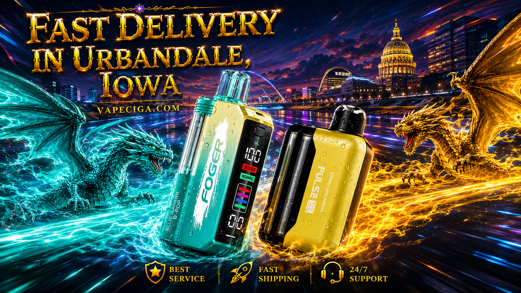 Two colorful disposable vape devices with digital displays and water droplets on a vibrant blue and gold background.