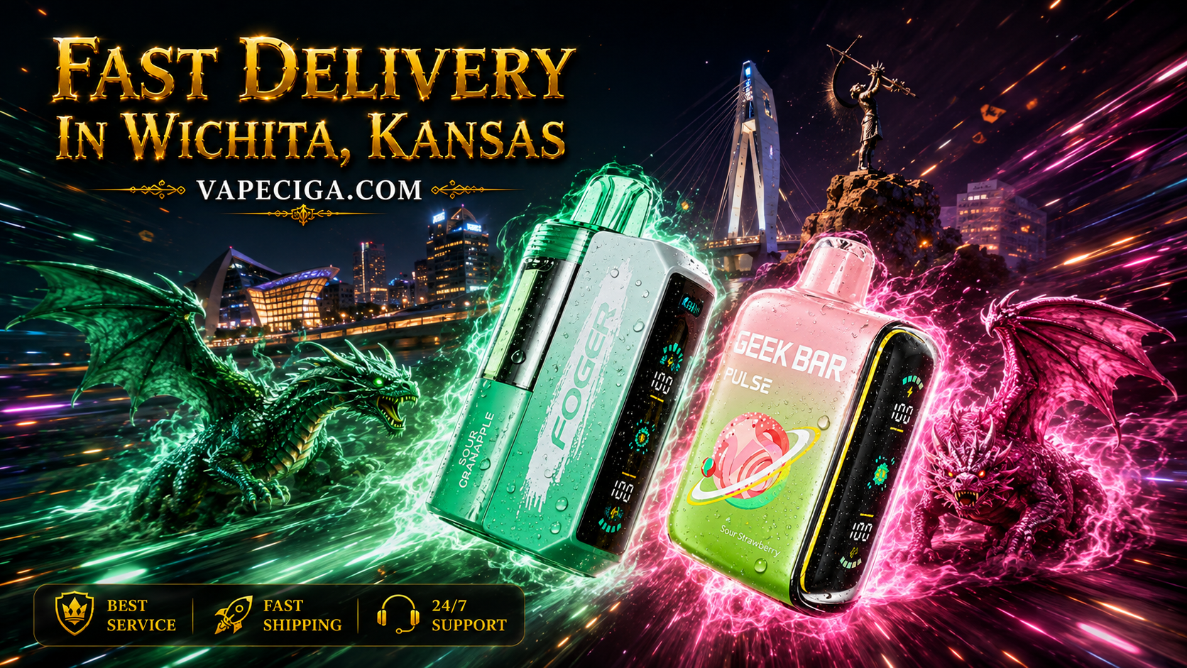 Green and pink vape devices with bold dragon energy, highlighting Sour Green Apple and Sour Strawberry flavors.