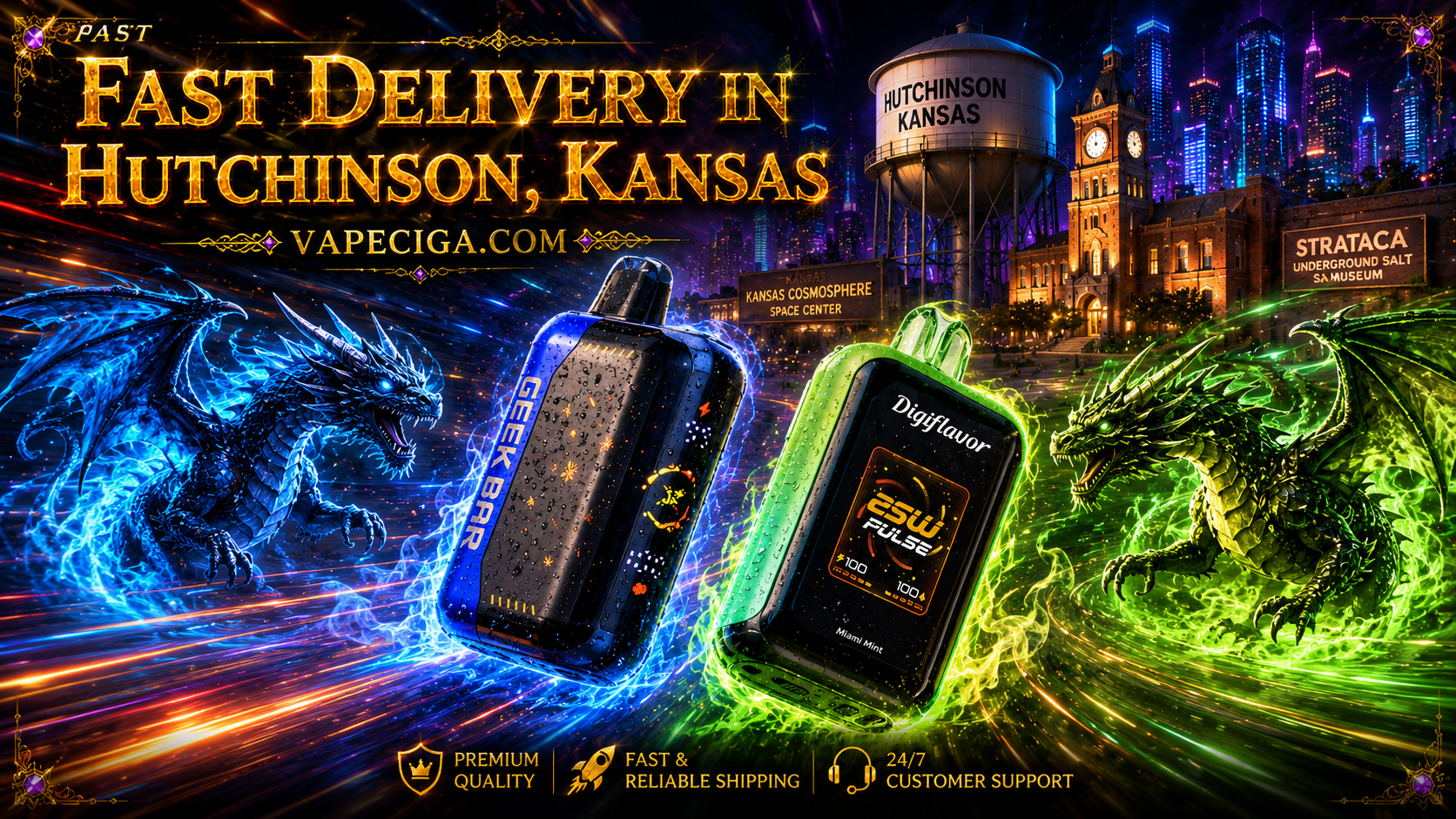 Blue Geek Bar and green Digiflavor vape devices with glowing dragon energy effects over Hutchinson city backdrop.