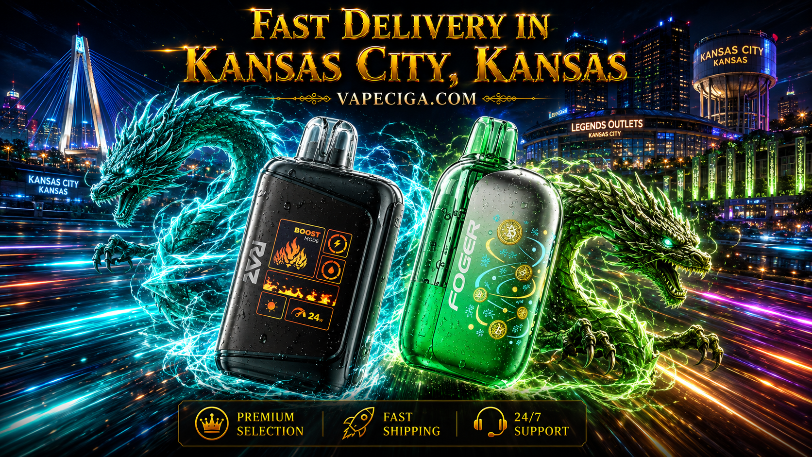 Black RAZ vape with boost mode icons and green FOGER device featuring snowflake design, accented by glowing dragons.