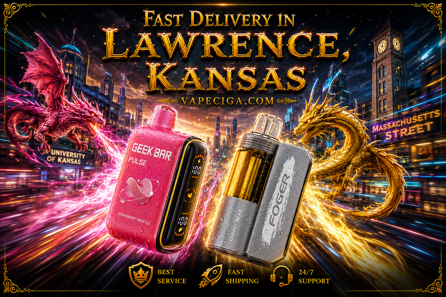 Pink GEEK BAR Pulse Strawberry Twist Ice vape and gray FOGER Gummy Bear device highlighted with glowing dragon energy effects.