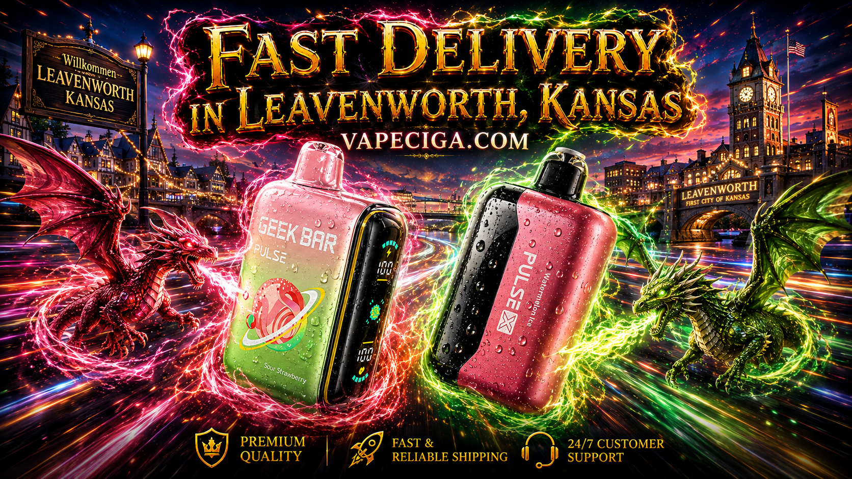 Red Geek Bar Pulse and blue Pulse X vape devices with glowing dragon energy effects over Leavenworth city backdrop.
