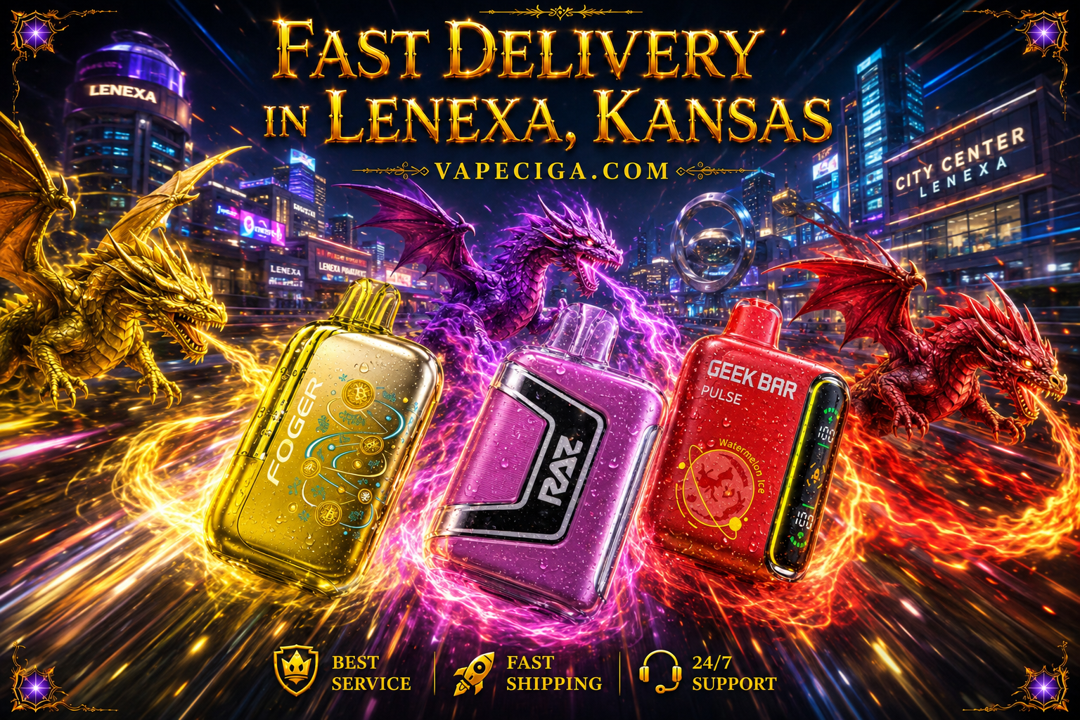 Yellow FOGER vape, purple RAZ device, and red GEEK BAR Pulse highlighted with glowing dragon energy effects in a fantasy design.