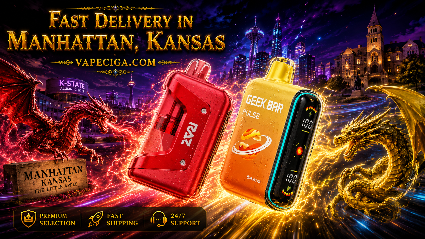 Red RAZ vape device and orange GEEK BAR Pulse Banana Ice highlighted with glowing dragon energy effects in a fantasy design.