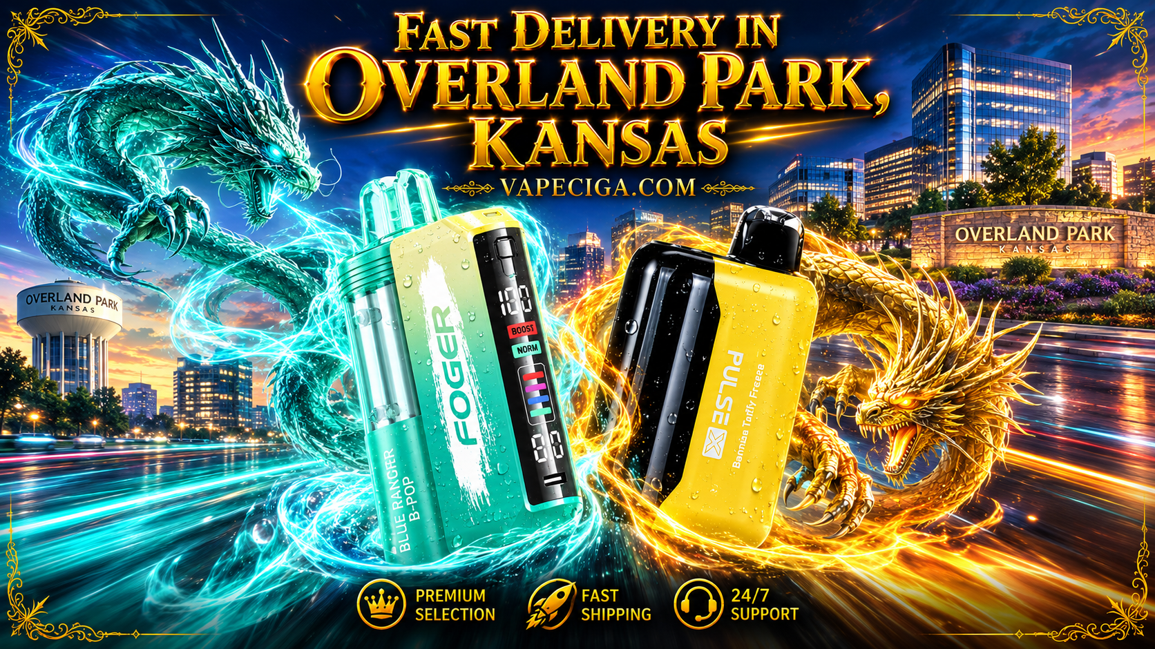Turquoise vape labeled FOGER Blue Ranger B-POP and yellow Pulse Bamboo Draft Freeze with glowing dragon accents.