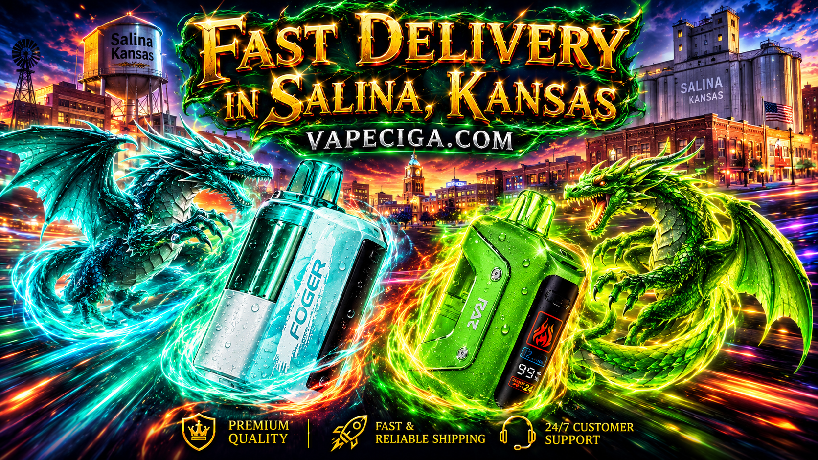 Sleek vape devices with glowing dragon energy effects against Salina city backdrop.