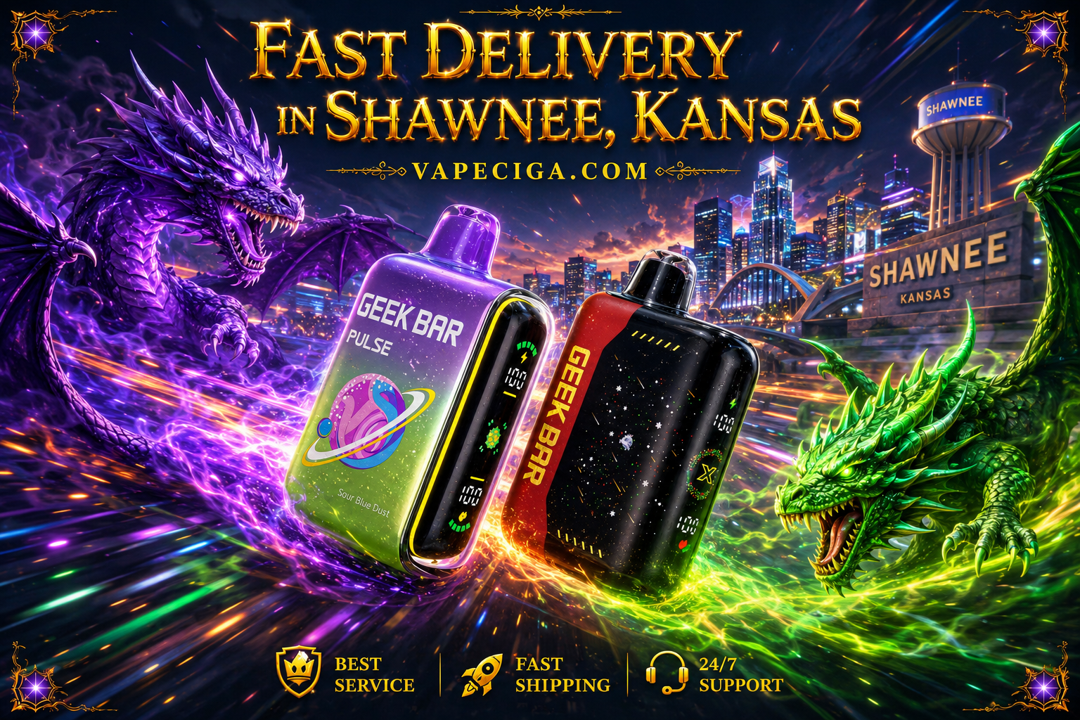 Purple GEEK BAR Pulse vape and multicolor GEEK BAR device highlighted with glowing dragon energy effects in a fantasy design.