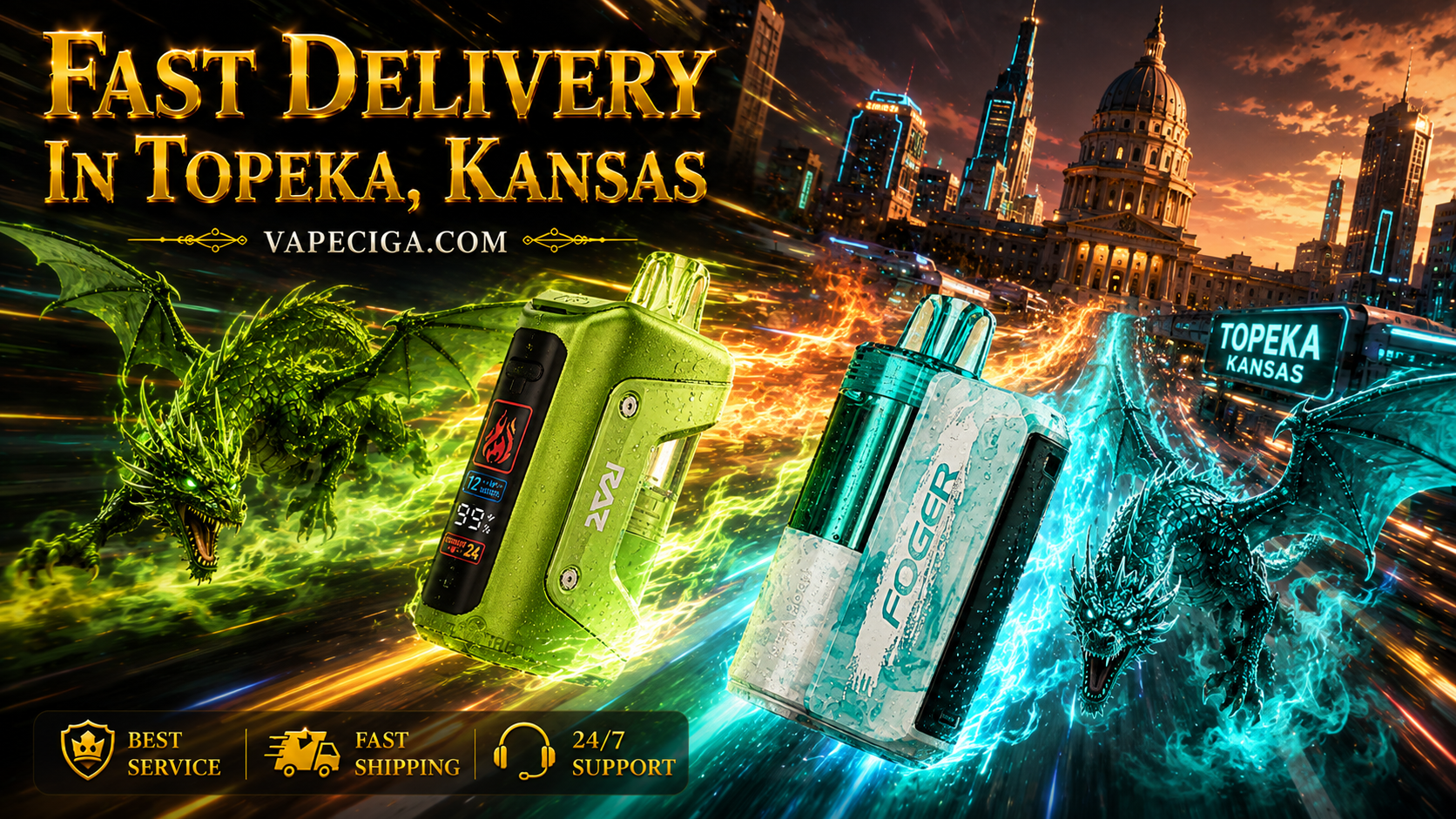 Green RAZ vape device and blue FOGER device highlighted with glowing dragon energy effects in a bold fantasy design.