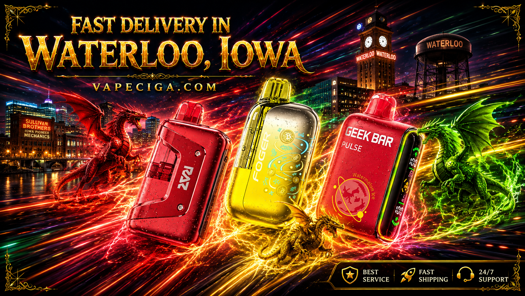 Three colorful disposable vape devices with digital displays and water-resistant design in red, yellow, and red finishes.